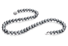 7-7.5mm AAA Quality Japanese Akoya Cultured Pearl Necklace in Black-Silver