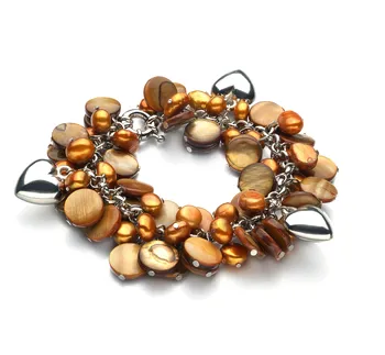 6-7mm A Quality Freshwater Cultured Pearl Bracelet in Honey - Pearl with Heart Charms Champagne 6-7mm A Quality Freshwater Cultured Pearl Bracelet in Honey - Pearl with Heart Charms Champagne
