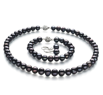 8-9mm A Quality Freshwater Cultured Pearl Set in Kaitlyn Black