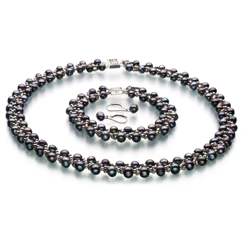 6-7mm A Quality Freshwater Cultured Pearl Set in Weave Black